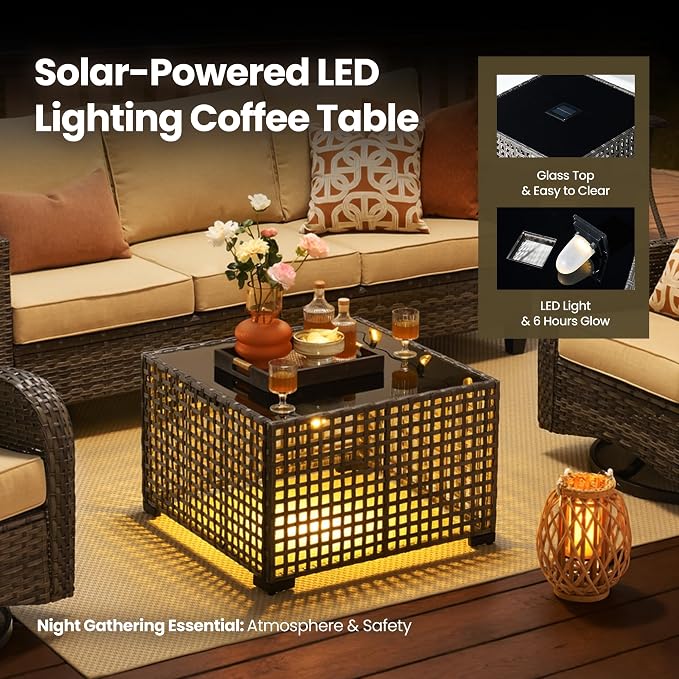 10 Piece Wicker Patio Furniture Set with Firepit, Beige | High Back Swivel Rocker Chairs, 54-inch Fire Pit, Outdoor Sofa Ottoman Solar Lights Table, Conversation Sets, Deck Backyard