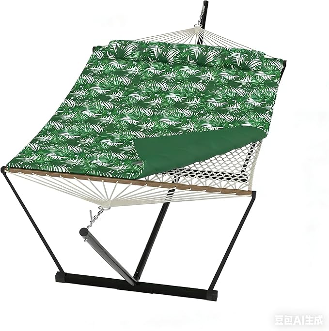 2-Person Hammock Suite with Stand,450lbs Capacity, 2 Person Cotton Rope Portable Hammock with Polyester Quilted Pad and Pillow,for Garden Yard,Camping and Patio.Green Banana Leaf Color
