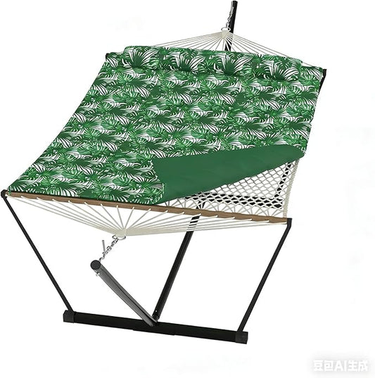 2-Person Hammock Suite with Stand,450lbs Capacity, 2 Person Cotton Rope Portable Hammock with Polyester Quilted Pad and Pillow,for Garden Yard,Camping and Patio.Green Banana Leaf Color