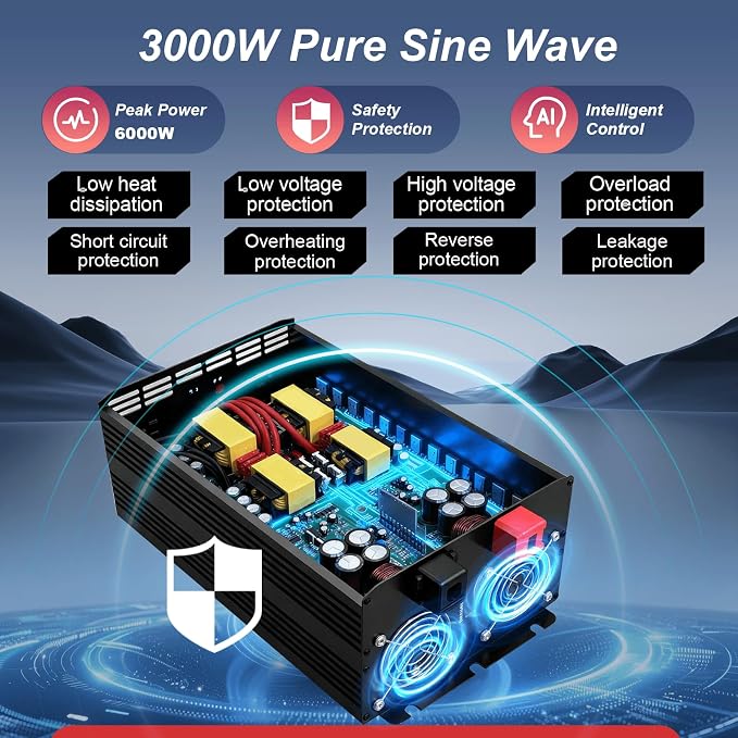 3000W Power Inverter 12V to 110V 120V AC Pure Sine Wave Inverter for RV Truck Camping,Outdoor Off-Grid Power Converter with LCD Display,Wired Controller,AC Outlets USB Ports(12V-3000Watt)