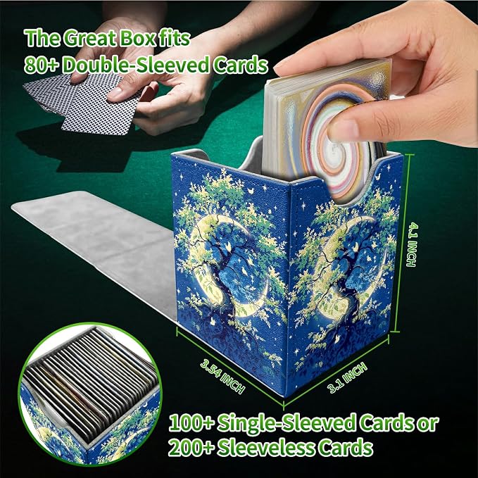 Moon Green Tree Card Deck Box for MTG, Personalized Card Storage Case Fits 120+ Sleeved Cards, Premium Leather TCG Box with Strong Magnetic Closure for Magic, CCG, PTCG, Baseball Cards