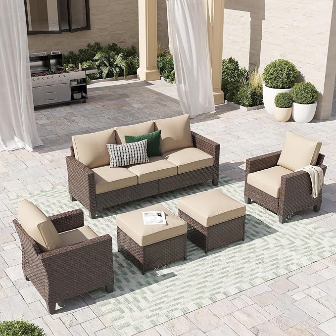 SUNSITT Outdoor Patio Furniture Set 5 Piece Wicker Conversation Set with Ottoman 3 Seat Sofa Couch with Club Chair, Brown Wicker & Beige Cushion