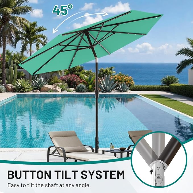 AreShark 9FT Patio Umbrella with Solar Lights, 32 Lighted Pool Umbrella w/Tilt and Crank, Outdoor Market Solar Umbrellas for Garden, Deck, Backyard, Pool and Beach, Cerulean