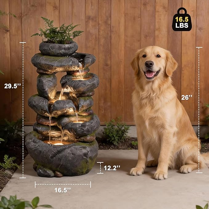 5-Tiers Cascading Outdoor Waterfall Fountain,29.5" H Floor Standing Outdoor Water Fountain with LED Lights Pump and Flowers Pot for Patio, Backyard, Deck, Porch, Home Decor Natural Stone Look