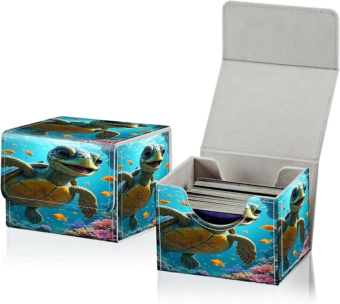 Card Deck Box for MTG, Cards Storage Box Fits 120+ Sleeved, Leather Small Size Strong Magnetic Closing Card Case for Board Games Magic TCG CCG Baseball Collection, Baby Sea Turtle