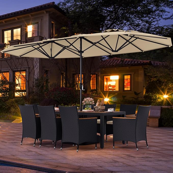 Tangkula 11 Piece Patio Wicker Dining Set w/Double-Sided Patio Umbrella, 8 Stackable Cushioned Chairs, 71" Acacia Wood Dining Table & 15 ft Umbrella with Weighted Base (Beige + Off White)