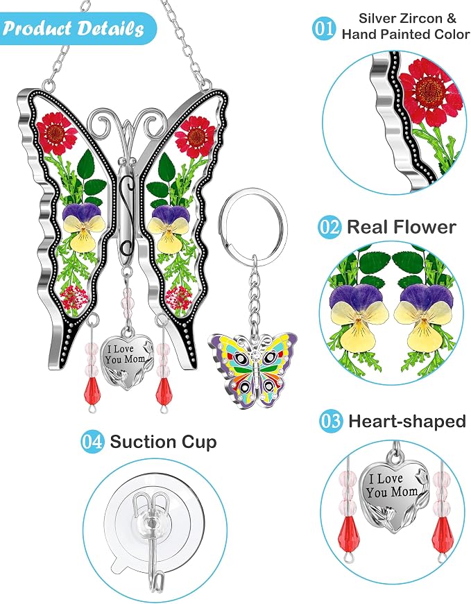 KY&BOSAM Butterfly Pressed Flowers Suncatcher Stained Glass Window Hanging | I Love You Mom Charm Sun Catchers Wind Chimes Ornament,Metal & Dried Flowers,Mothers Day Gifts for Mom Birthday Christmas