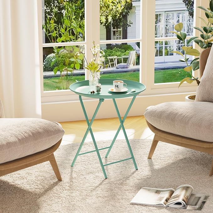Garden 4 you Folding TV Tray Table, Metal Round Side Table, Green Dinner Table with Metal Frame, Modern Outdoor Tray Table for Living Room, Bedroom, Patio & Small Spaces, 1 Pack