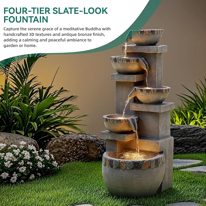 33" H 4-Tier Fountain Outdoor, Modern Resin Pebble Tabletop Water Feature Outdoor with LED Lights, Soothing Cascading Waterfall for Patio, Backyard, Garden or Porch
