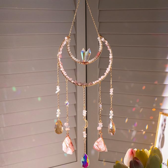 Crystal Suncatcher, Dreamsum Window Suncatchers with Crystals and Stones | Sun Catchers Indoor, Window Catcher with Prism Slices, Moon Crystal Suncatchers gift for Girls, Lover and Mom-Pink