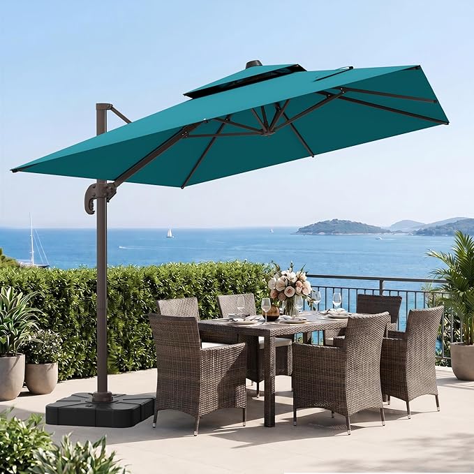 VEGOND 9x12 FT Patio Cantilever Umbrella with Base, Rectangular Heavy Duty Offset Umbrella for 6-8 People, 360°Rotation & Mult Tilt, Double Top Design, for Pool Garden Deck (Turquoise)