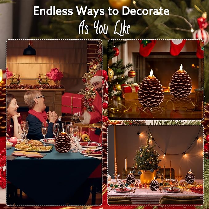 Christmas Pinecone Candles Flameless, Real Wax Battery Operated Pine Cone Candles with Remote, 2 Pack Flickering Led Candle Christmas Decorations for Winter Home Holiday Xmas Gift, Brown
