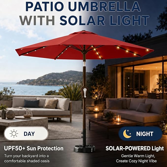 10FT Solar Patio Umbrella with Lights, Outdoor Table Market Umbrella with 32 LED Lights, 8 Sturdy Ribs, Push Button Tilt and Crank for Pool, Deck and Garden, UV-Resistant