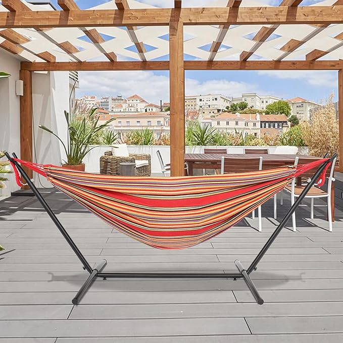 Cotton Hammock with Space Saving Steel Stand,9ft Black Steel Pipe Hammock Frame with 200 * 150cm Polyester Cotton Hammock Iron Hammock Set (Red Stripe B)