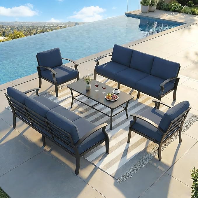 Aluminum Outdoor Patio Furniture Set,8 Seats Patio Conversation Sets with Rectangular Coffee Table,Metal Patio Sectional Furniture Set with 5.1" Thickened Cushions,Navy Blue