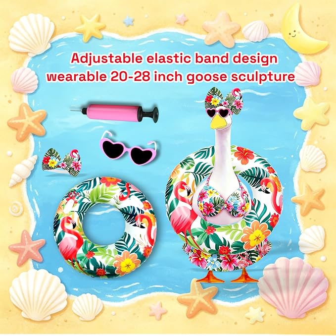 Porch Goose Outfits Summer Swimsuit - 5-Piece Large Lawn Goose Clothes with Bikini, Bow Headband, Star Sunglasses, Swim Ring & Pump, Outdoor Yard Decor