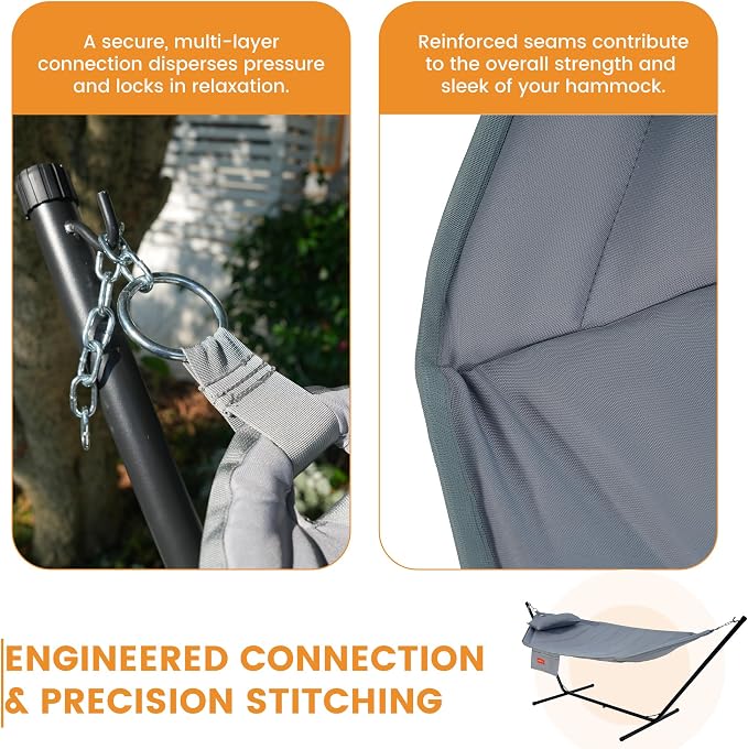 Lazy Daze Hammocks Hammock with Stand for Outside, Quilted Hammock with Detachable Pillow, Tool-Free Assembly, 450lb Capacity for Backyard, Patio, Light Grey