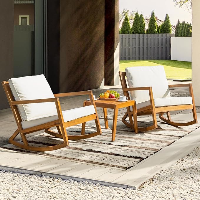 IDZO Rocking Chairs Design Heavy Duty 400lbs Capacity Wood Patio Bistro Set 3 Piece Outdoor