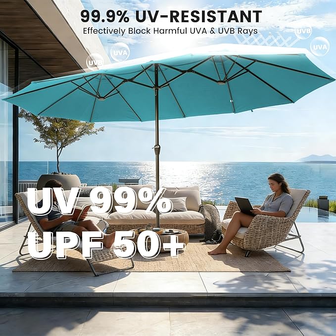 Ayge 15FT Patio Umbrella with Base,Large Outdoor Double-Sided Rectangle Umbrella with Crank Handle, Market Umbrella for Poolside Garden Deck Backyard Beach Pools,Light Blue