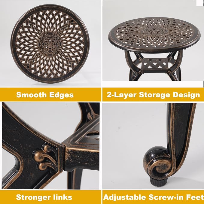 Cast Aluminum Outdoor Side Table,Small Patio Table,Outdoor Coffee Tables for Patio,Garden,Balcony, for All Weather (Copper, Round)