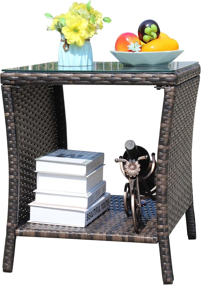 IRONORA Outdoor Wicker Side Table Patio Side Tables for Outside, Tempered Glass Top Wicker Table with Storage End Table for Balcony Porch Deck