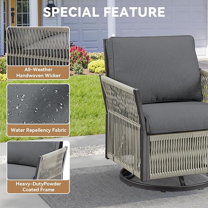Wicker Outdoor Furniture Set, 6 Piece Patio Conversation Sets, Comfort Swivel Rocker Glider Patio Chairs Set of 2 with Ottoman and Rattan Sofa (Grey)