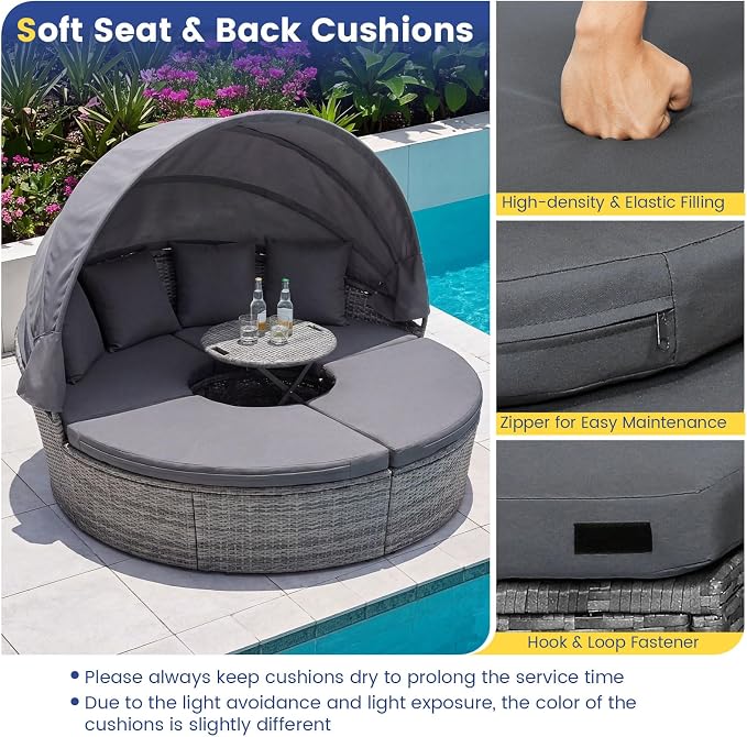 RELAX4LIFE Round Outdoor Daybed with Canopy, Rattan Wicker Sectional Sofa Set w/Cushions, Height Adjustable Table, Conversation Bed Lounger Separated Seating for Outside Pool, Patio Daybed (Grey)