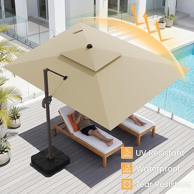 HASLE OUTFITTERS 9x12 FT Patio Cantilever Umbrella with Base, Outdoor Offset Large Rectangular Heavy Duty Double Top Umbrellas with 360° Rotation for Pool Garden Deck，Beige