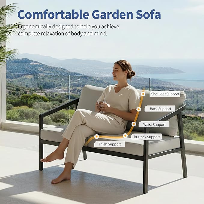 Patio Conversation Sets, 4 Piece Patio Furniture Sets with Loverseat、Armchair Sofa & Coffee Table, Aluminum Modern Outside Sectional Furniture for Garden, Backyard, Porch (Black)