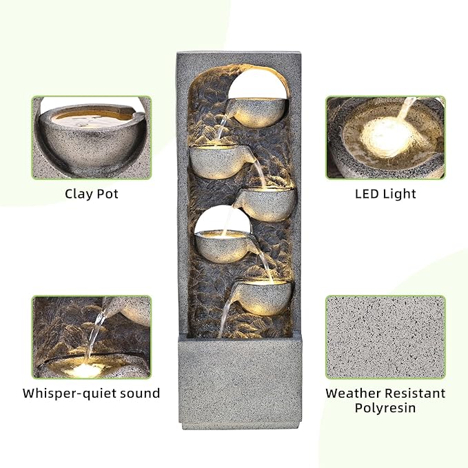 5-Tiers Indoor/Outdoor Bowls Water Fountain with LED Lights & Pump - 40in H Floor-Standing Cascading Water Feature - Suitable for Deck, Patio, Porch, Yard Decor,Home Decor,