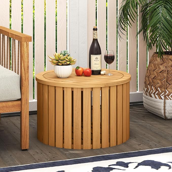 Tangkula 2-in-1 Outdoor Side Table with Storage, Acacia Wood Slatted Coffee Table with Umbrella Hole & Removable Base, Round Slatted End Storage Box for Backyard, Poolside