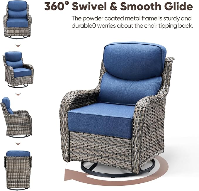 Luxury Patio Furniture Set 10pcs with 6-inch Cushion, Outdoor Furniture with Fire Pit Table, Swivel Chairs, Sofa, Side Table, Ottomans, Patio Set for Deck Yard Grey Wicker | Blue Cushions