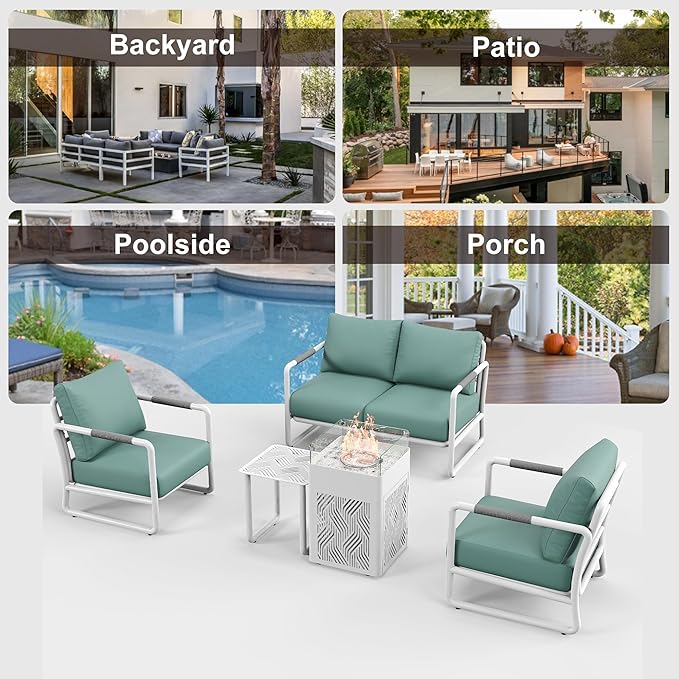 MBY Outdoor Aluminum Patio Furniture Set, 4-Seats Patio Conversation Sofa Set with 45,000 BTU Fire Pit Table w/Glass Wind Guard, All Weather for Pool, Balcony, Garden-White
