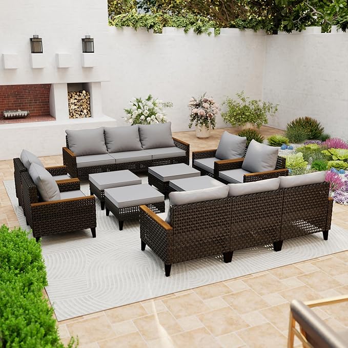 14 Piece Patio Sectional Sofa Furniture Set, All-Weather Wicker Rattan Outdoor Conversation Set with High Back and Thick Cushions, for Garden, Porch, Poolside, Gray