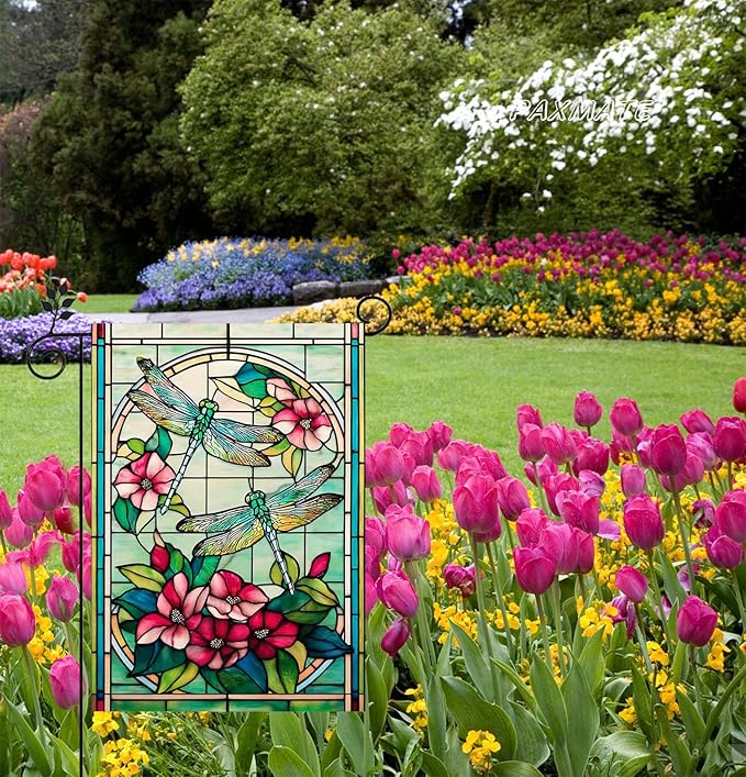 Spring Summer Dragonfly Garden Flag 12x18 Inch Double Sided, Stained Glass Dragonfly Floral Garden Flag for Outside, Colorful Flower Yard Flag Outdoor Lawn Porch Farmhouse Decor
