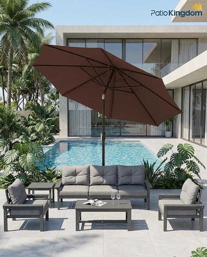 PatioKingdom 9FT Patio Outdoor Umbrella-UPF 50+ Sun Shade with Wind Vent, Push-Button Tilt & Smooth Crank Lift, Rust-Resistant Fiberglass Frame for Garden, Backyard,Yard (Brown)