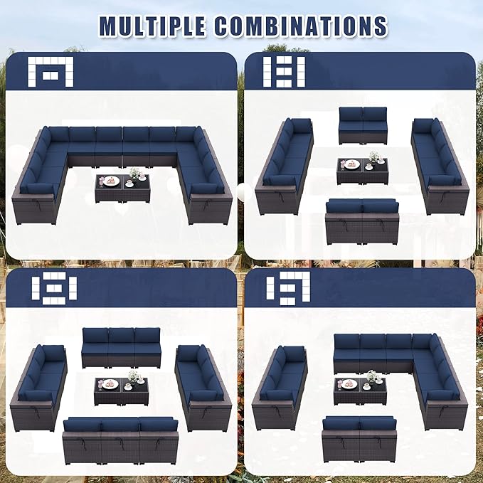 Patio Furniture Set 14-Piece Outdoor Furniture for Backyard Wicker Sectional Sofa Set, PE Rattan Patio Conversation Set 12 Seat with 4 Inch Thickened Cushions and Glass Coffee Tables, Navy Blue