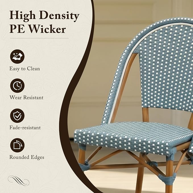 PURPLE LEAF 3-Piece French Bistro Dining Set Round Outdoor Patio Table and 2 Armless Chairs Tempered Glass Top PE Rattan Bamboo Print Finish Aluminum Frame Light Blue