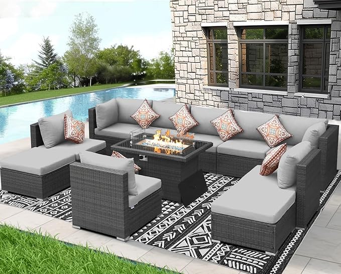 NICESOUL 11 Piece Outdoor Furniture Set with Fireplace, Luxury Big 10-Seats Patio Sectional, 29.3'' High-Back Backyard Seating Comfy, All-Weather Wicker Couch Sets for Outside, Deck, Light Grey