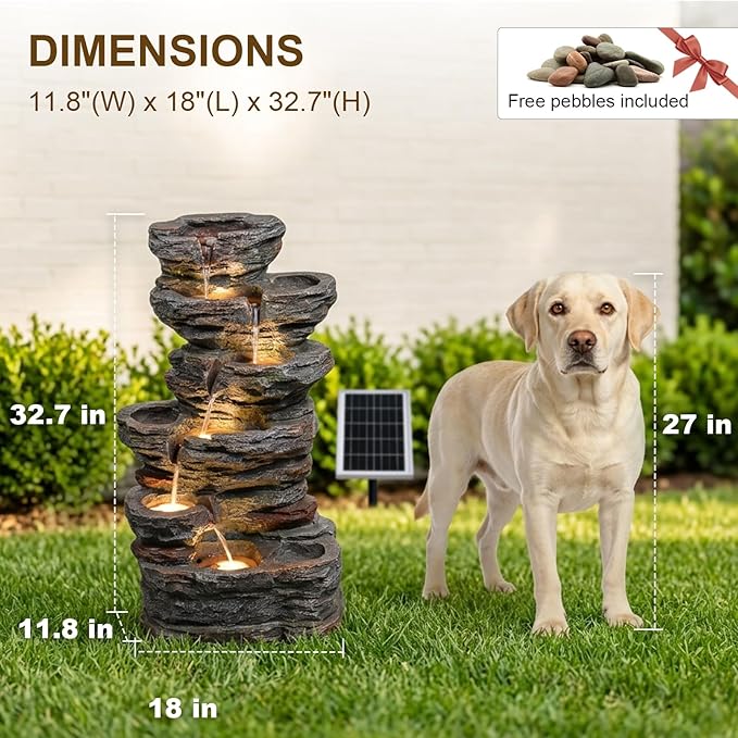 Solar Water Fountain Outdoor, 32.7" H 6-Tier Cascading Rock Waterfall Garden Fountain with 3000K Warm LED Lights & Battery Backup, IP64 Weatherproof Fountains for Patio, Yard, Deck, Porch