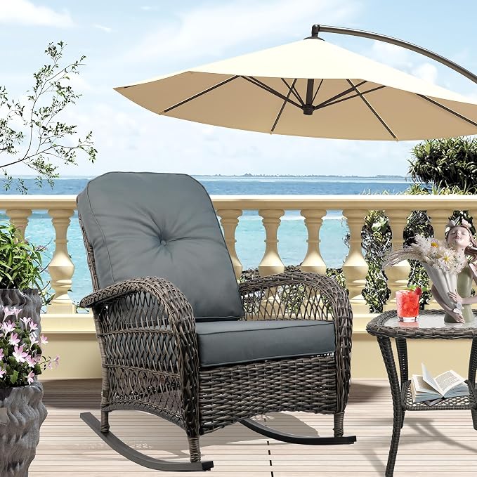 Outdoor Wicker Rocking Chair, All Weather Resin Rattan Wicker Rocking Chairs, for Garden Backyard Lown Porch,2pc,Grey