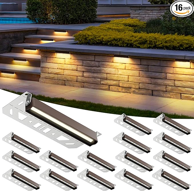 AUDERWIN Retaining Wall Lights, 7 Inch LED Hardscape Lighting Waterproof, 12V Low Voltage Landscape Lighting, Outdoor Step Lights for Patio Stairs Deck 2700K, 270° Rotate, 16 Pack