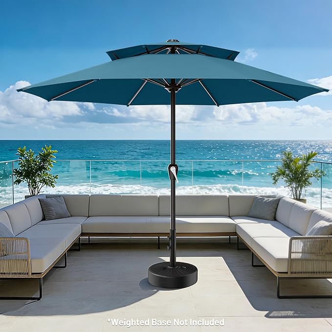 AreShark 12ft 2 Tiers Patio Umbrella - Outdoor Umbrella Waterproof UV Protection, Market Table Umbrella w/ 8 Sturdy Ribs&Crank for Pool, Porch, Garden(Lake Blue)