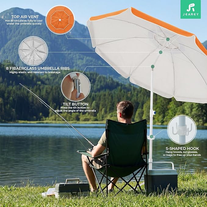 JEAREY 6.5ft Sun Shade Umbrellas, Portable Umbrella with Stand, Lightweight Sun Protection Free Standing Sport Umbrella for Outdoor Sports, Camping, Fishing, Patio, Beach, Sun Orange