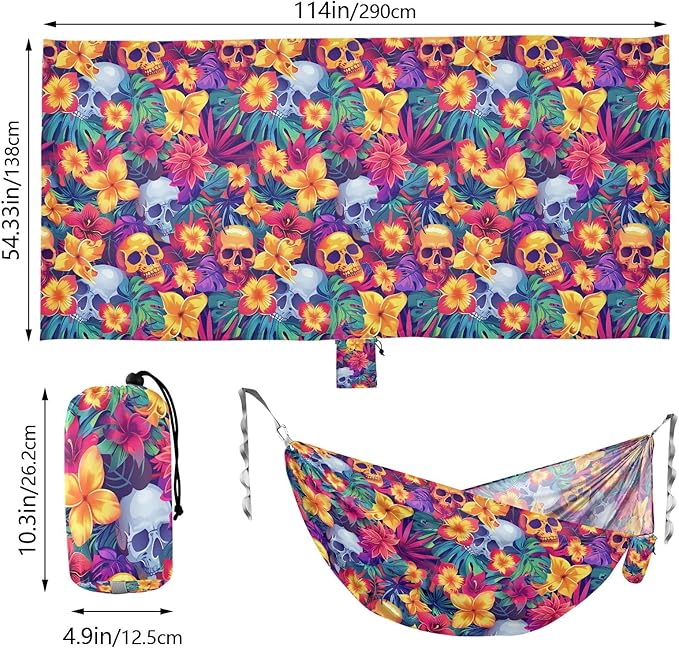 Camping Hammock Outdoor Hammocks for Outside Skulls Tropical Flowers Beach Trees Portable Lightweight with Pockets Tree Straps Indoor