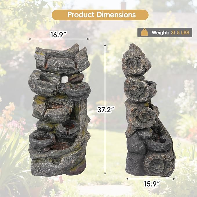 7-Tier Cascading Outdoor Water Fountains with LED Lights, 37.2" H Large Outdoor Waterfalls with Moss & Wood-Look for Garden, Patio, Yard Decor