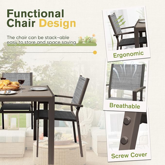 GUNJI 7 Piece Patio Furniture Set,Outdoor Dining Set with 6 Stackable Textilene Chairs and 60" Rectangular Table,Family Conversation Set for Garden Backyard Deck (Gray)