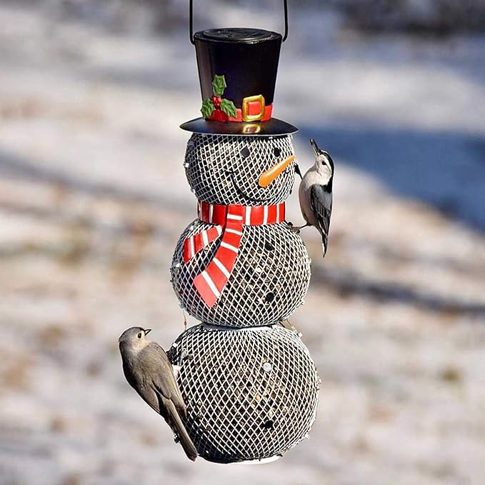 Backyard Expressions Metal Snowman Bird Feeder with Solar Light – Hanging Mesh Bird Feeder for Outside, Winter Garden Décor, Rust-Resistant Christmas Bird Feeder for Cardinals, Finches & Songbirds