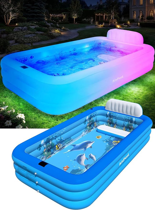 Extra Large Inflatable Pool with Lights,Upgraded Solar Powered Blow Up Pool for Adults,Inflatable Kids Swimming Pool with Seat& Backrest,Big Inflatable Kids Pool for Backyard,120x73x20IN-Blue