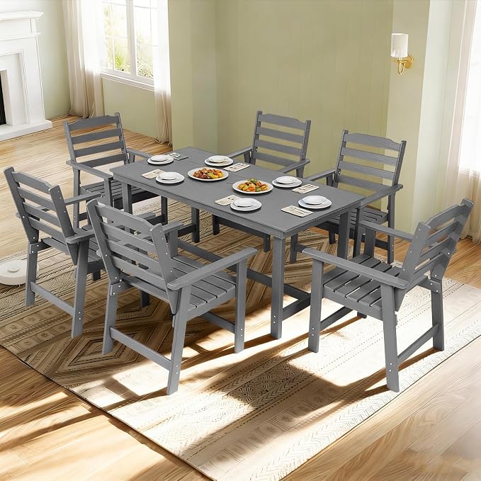 FUNBERRY Outdoor Dining Set, HDPE 7 Piece Dining Table Set with Chairs | 2" Umbrella Hole Table, Wood-Grain, HDPE All Weather, No Rot or Rust or Crack, UV Fade Shield, Easy-Clean for Outside